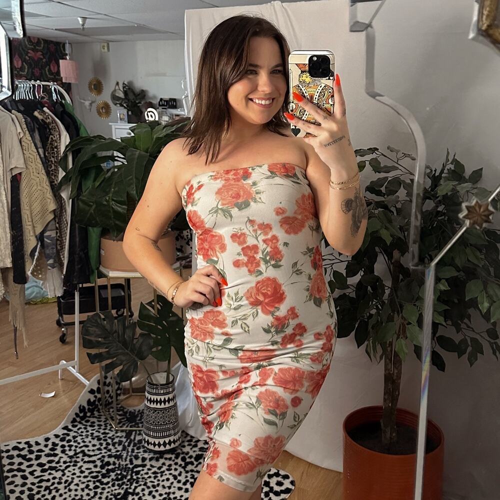 Floral Strapless Bodycon Mini Dress Pink Mesh